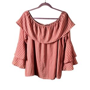 Pink Lily Ruffled 3/4 Sleeve Off-Shoulder Blouse Pink/White Stripe Size‎ Small